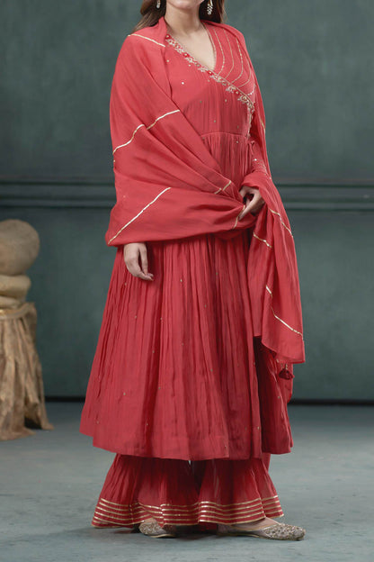 Hirika &amp; Dhruti Red Chanderi Tikki Embroidered Angarkha Anarkali Sharara Set For Kids Online at Aza Fashions