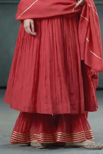 Buy Hirika &amp; Dhruti Red Chanderi Tikki Embroidered Angarkha Anarkali Sharara Set For Kids Online at Aza Fashions