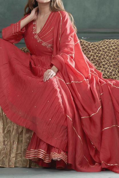 Hirika &amp; Dhruti Red Chanderi Tikki Embroidered Angarkha Anarkali Sharara Set For Kids at Aza Fashions