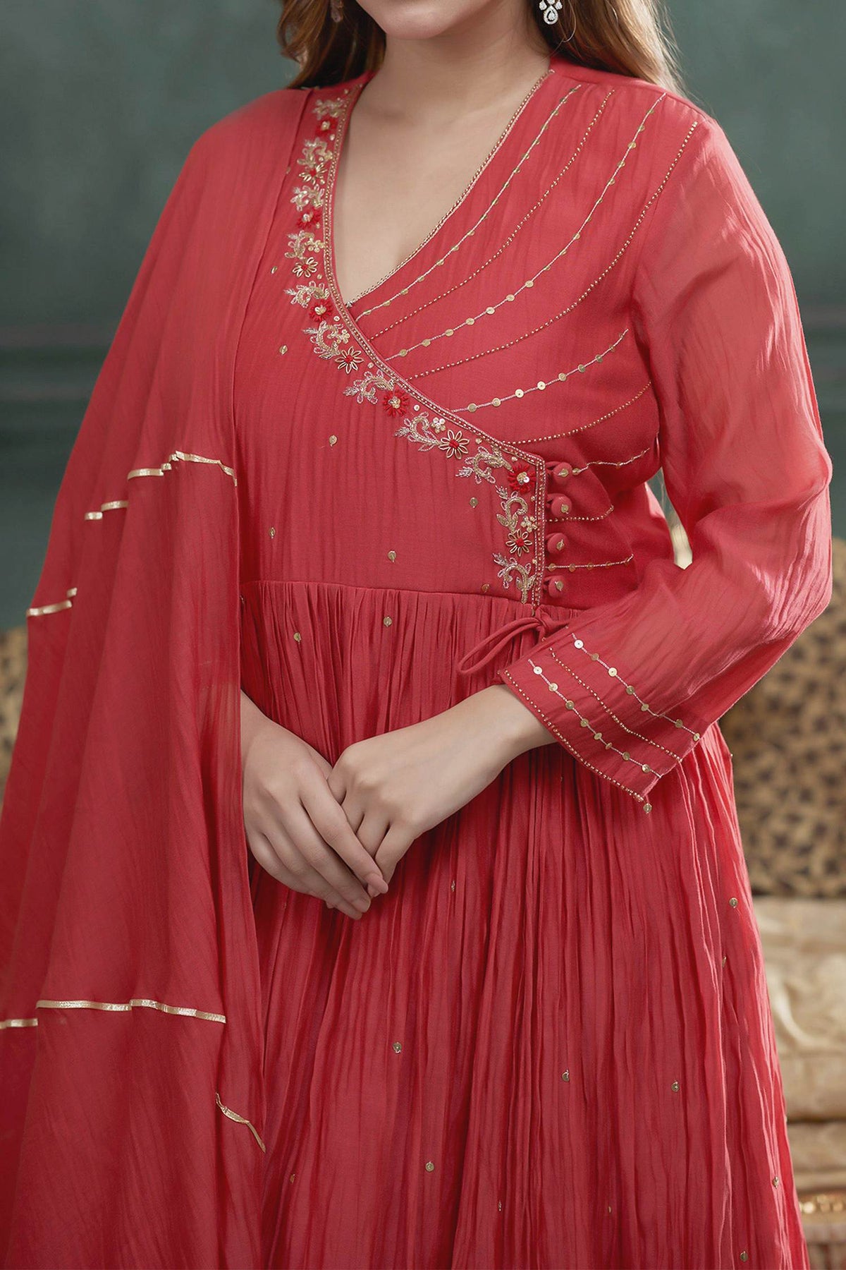 Shop Hirika &amp; Dhruti Red Chanderi Tikki Embroidered Angarkha Anarkali Sharara Set For Kids Online at Aza Fashions