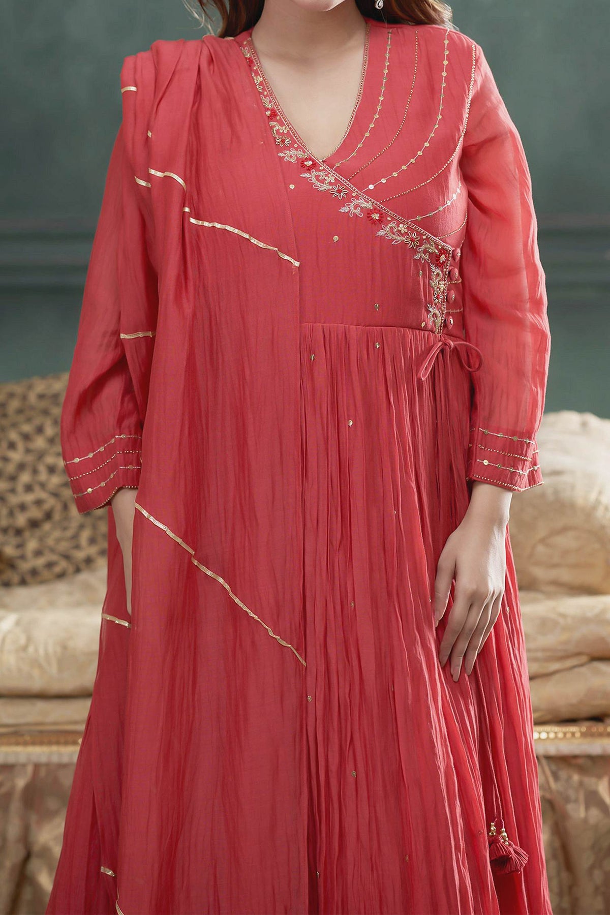 Buy Hirika &amp; Dhruti Red Chanderi Tikki Embroidered Angarkha Anarkali Sharara Set For Kids