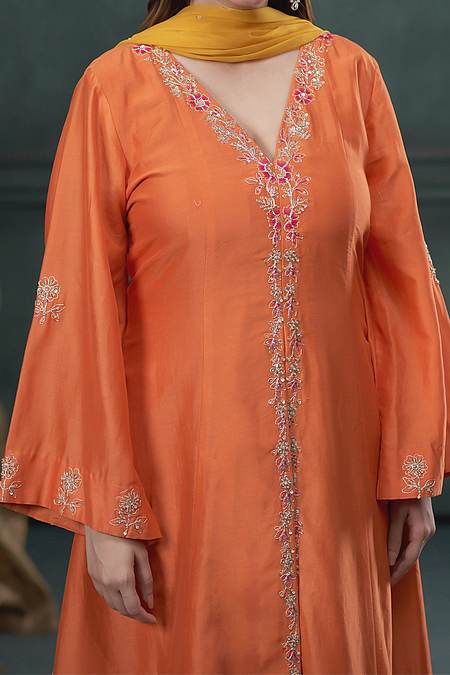 Hirika &amp; Dhruti Yellow Kurta And Pant Silk, Dupatta Georgette &amp; Chiffon Marodi Work Set For Kids Online at Aza Fashions