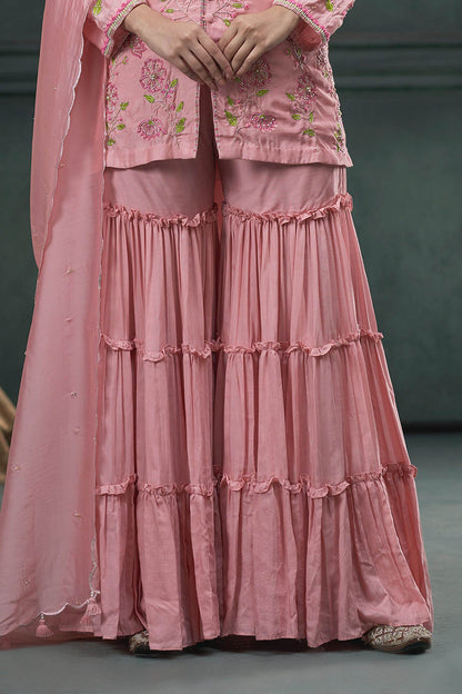 Hirika &amp; Dhruti Pink Dupatta Organza Silk, Kurta And Sharara Floral Embroidered Short Set For Kids Online at Aza Fashions