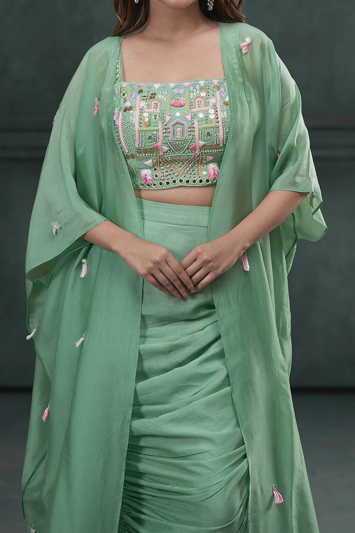 Buy Hirika &amp; Dhruti Green Jacket Silk Organza, Blouse And Skirt Tassel Embroidered Draped Set For Kids Online at Aza Fashions