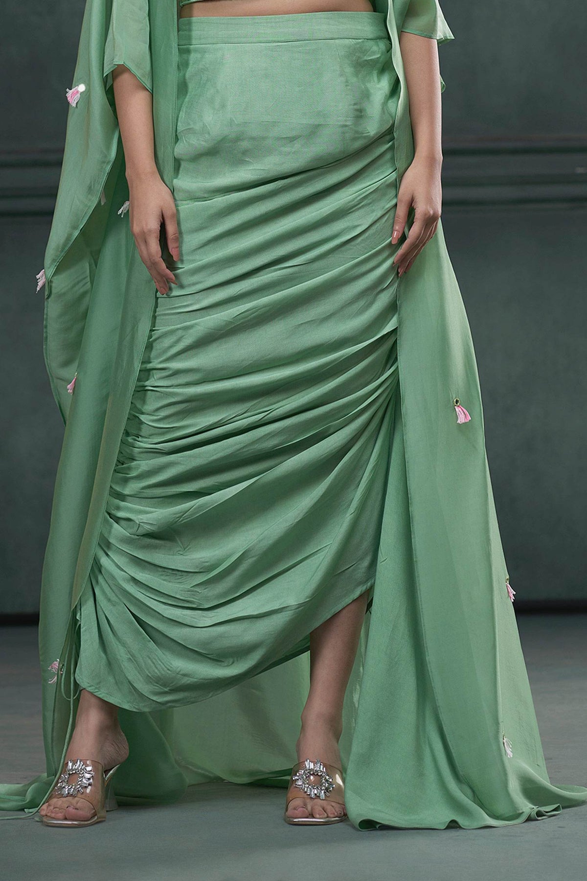 Hirika &amp; Dhruti Green Jacket Silk Organza, Blouse And Skirt Tassel Embroidered Draped Set For Kids Online at Aza Fashions