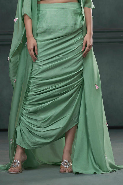 Hirika &amp; Dhruti Green Jacket Silk Organza, Blouse And Skirt Tassel Embroidered Draped Set For Kids Online at Aza Fashions