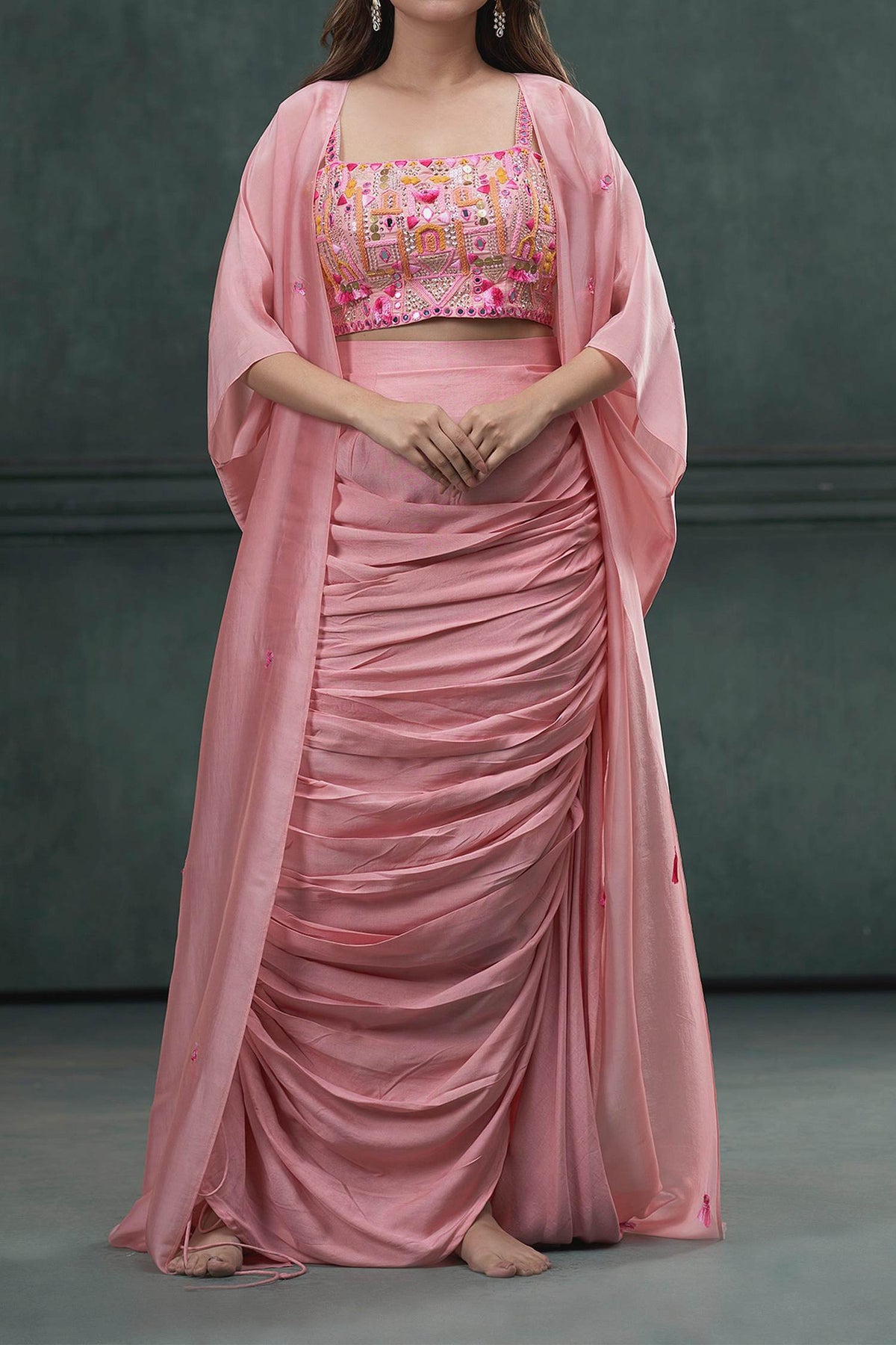Shop Hirika &amp; Dhruti Pink Jacket Silk Organza, Blouse And Skirt Monga Tassel Embroidered Draped Set For Kids Online at Aza Fashions