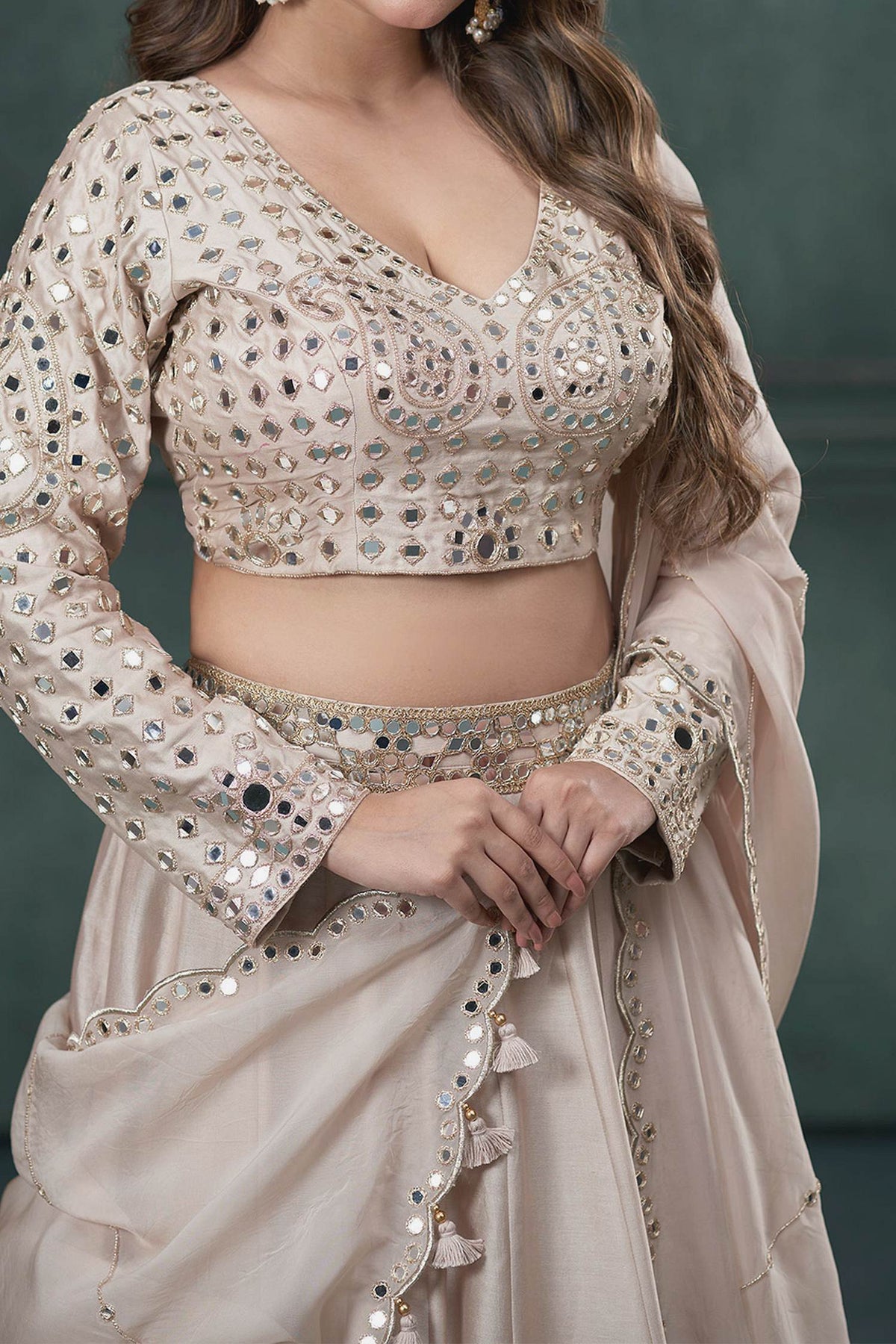 Hirika &amp; Dhruti Beige Dupatta Organza , Blouse And Lehenga Chiniya Embroidered Set For Kids Online at Aza Fashions