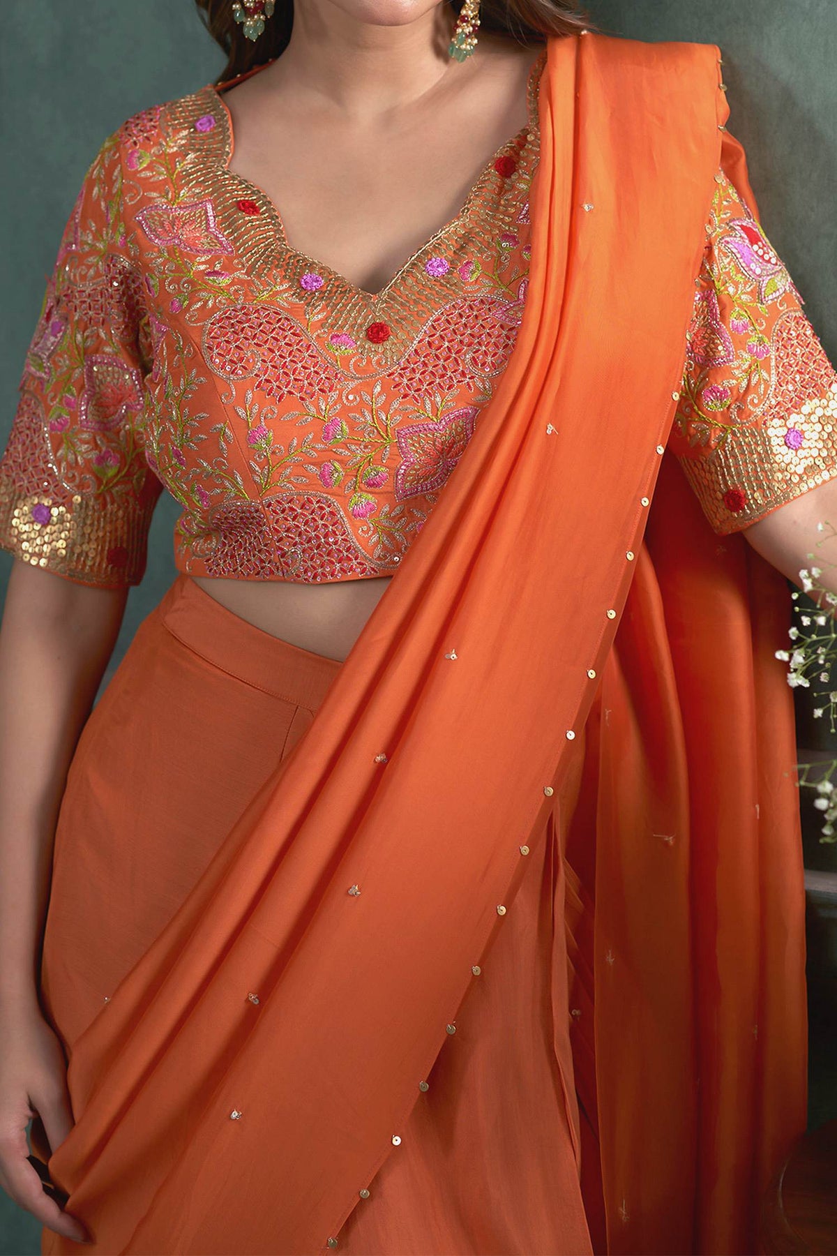 Hirika &amp; Dhruti Orange Ghagra And Blouse Cotton Silk, Drape Embroidered Pre-draped Saree Set For Kids Online at Aza Fashions