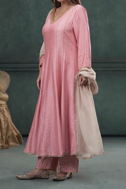 Hirika &amp; Dhruti Pink Anarkali And Pant Silk, Dupatta Organza Sequin Embroidered Set For Kids Online at Aza Fashions