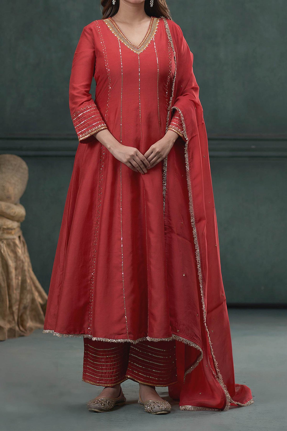Hirika &amp; Dhruti Red Anarkali And Pant Silk, Dupatta Organza Sequin Embroidered Set For Kids Online at Aza Fashions
