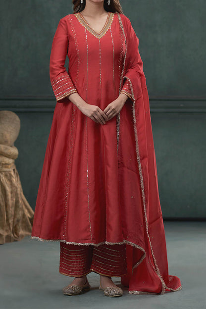 Hirika &amp; Dhruti Red Anarkali And Pant Silk, Dupatta Organza Sequin Embroidered Set For Kids Online at Aza Fashions