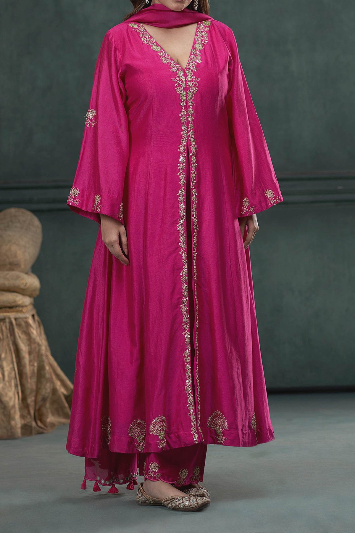 Hirika &amp; Dhruti Pink Kurta And Pant Silk, Dupatta Georgette &amp; Chiffon Marodi Embroidered Set For Kids