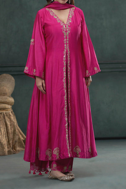 Hirika &amp; Dhruti Pink Kurta And Pant Silk, Dupatta Georgette &amp; Chiffon Marodi Embroidered Set For Kids