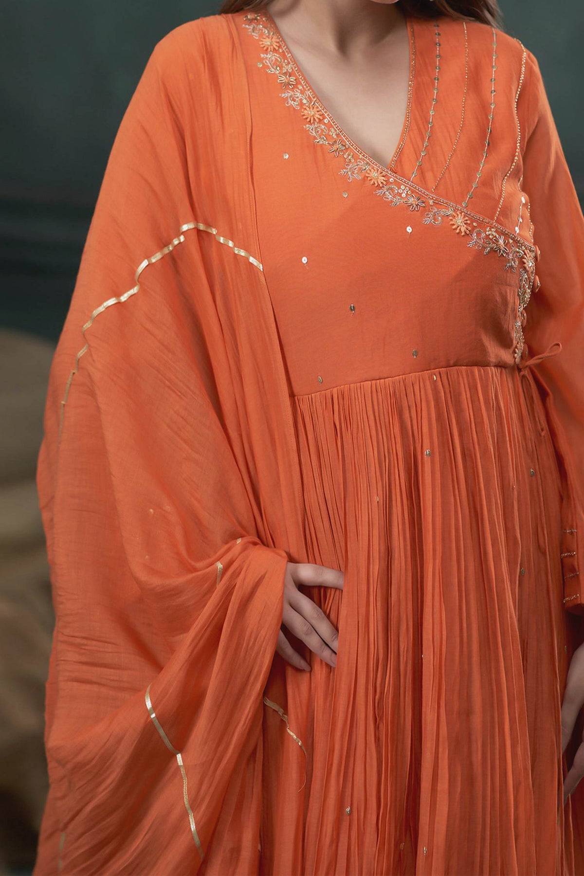 Hirika &amp; Dhruti Orange Chanderi Tikki Embroidered Anagrakha Anarkali Sharara Set For Kids Online at Aza Fashions