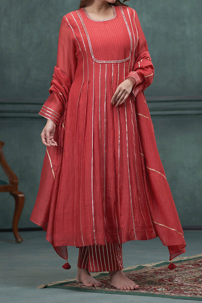 Shop Hirika &amp; Dhruti Red Chanderi Gota Lace Hand Embroidered A-line Kurta Set For Kids Online at Aza Fashions