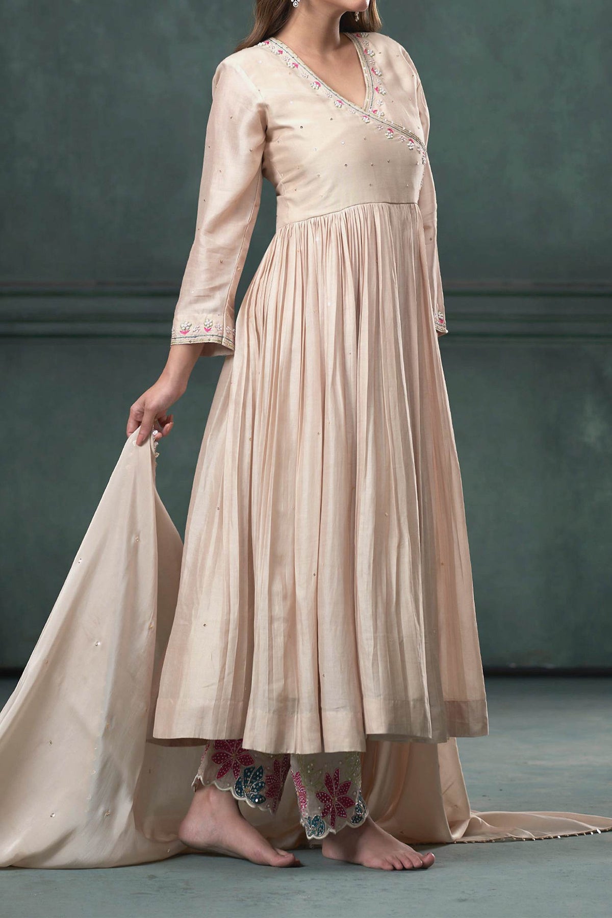 Buy Hirika &amp; Dhruti Beige Dupatta Organza Silk, Pant Cotton, Hand Embroidered Pleated Set For Kids Online at Aza Fashions