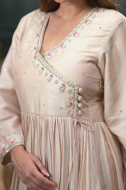 Hirika &amp; Dhruti Beige Dupatta Organza Silk, Pant Cotton, Hand Embroidered Pleated Set For Kids at Aza Fashions