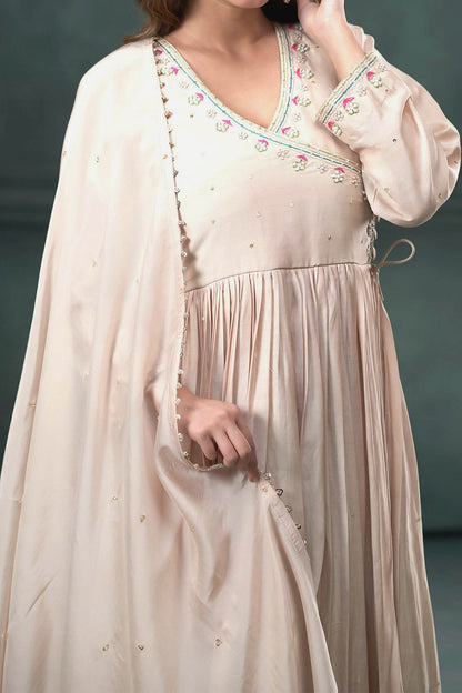 Hirika &amp; Dhruti Beige Dupatta Organza Silk, Pant Cotton, Hand Embroidered Pleated Set For Kids Online at Aza Fashions