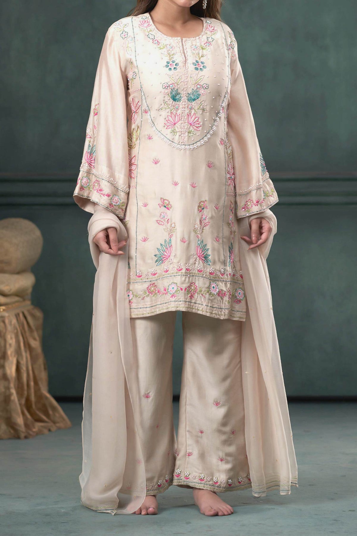 Buy Hirika &amp; Dhruti Beige Kurta And Pant Chiniya Silk, Dupatta Hand Embroidered Short Set For Kids Online at Aza Fashions