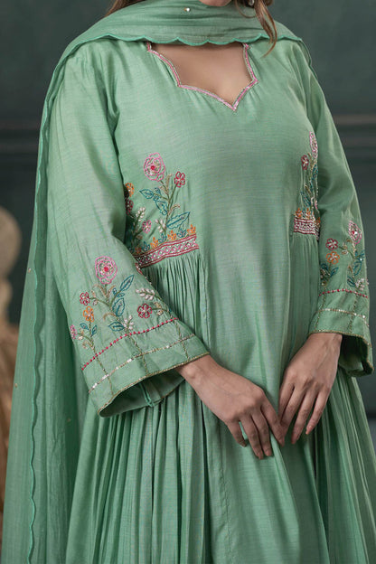 Shop Hirika &amp; Dhruti Green Dupatta Chanderi, Pant Cotton, Thread Hand Embroidered Gathered Set For Kids Online at Aza Fashions
