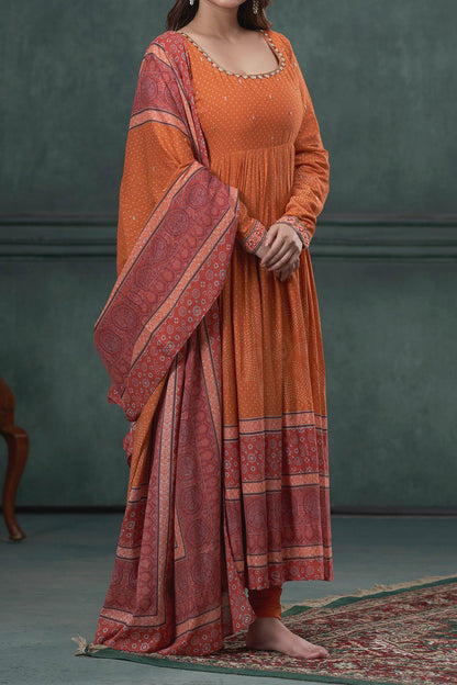 Hirika &amp; Dhruti Orange Churidar Lycra Stretch, Anarkali And Dupatta Cotton Print Set For Kids Online at Aza Fashions