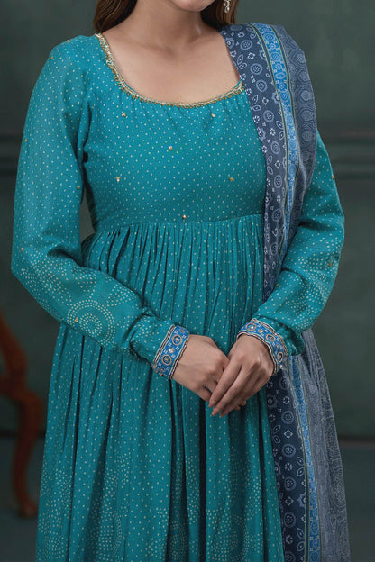 Hirika &amp; Dhruti Blue Churidar Lycra Stretch, Anarkali And Dupatta Cotton Print Set For Kids Online at Aza Fashions
