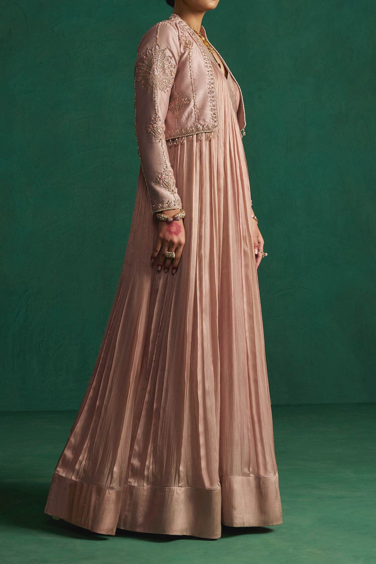 Hirika &amp; Dhruti Beige Pleated Anarkali With Embroidered Jacket For Kids Online at Aza Fashions