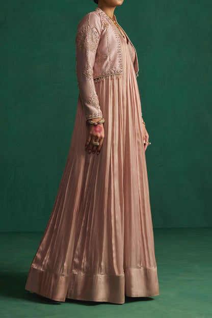 Hirika &amp; Dhruti Beige Pleated Anarkali With Embroidered Jacket For Kids Online at Aza Fashions