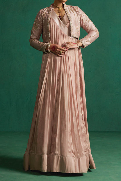 Hirika &amp; Dhruti Beige Pleated Anarkali With Embroidered Jacket For Kids at Aza Fashions