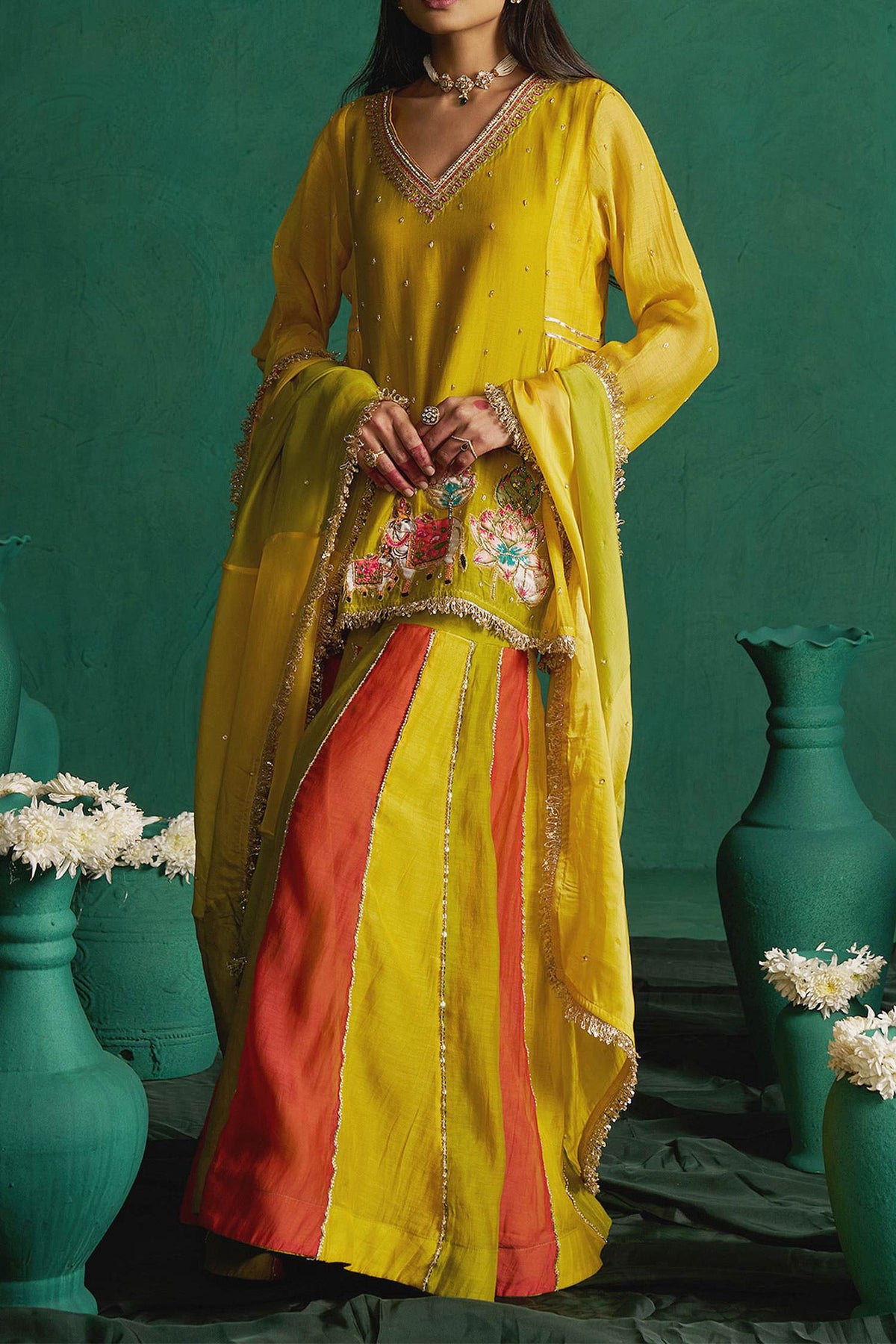 Hirika &amp; Dhruti Yellow Two Tone Patchwork Kurta Set For Kids Online at Aza Fashions