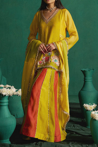 Hirika &amp; Dhruti Yellow Two Tone Patchwork Kurta Set For Kids Online at Aza Fashions