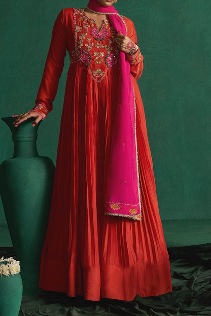 Hirika &amp; Dhruti Orange Embroidered Patchwork Anarkali Set For Kids Online at Aza Fashions