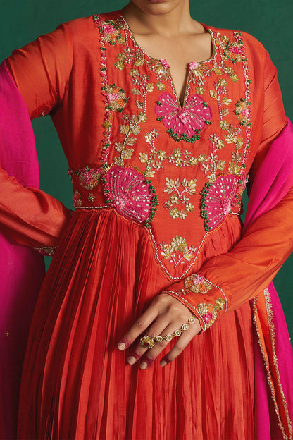 Buy Hirika &amp; Dhruti Orange Embroidered Patchwork Anarkali Set For Kids Online at Aza Fashions