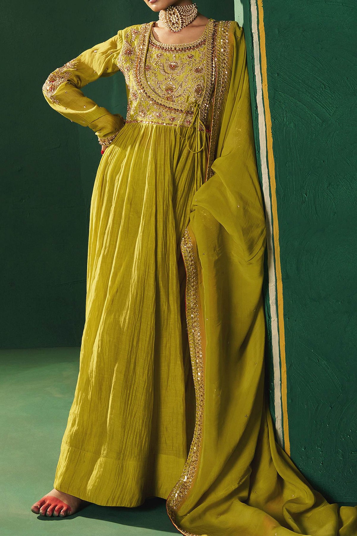 Hirika &amp; Dhruti Green Embroidered Mehendi Anarkali Set For Kids Online at Aza Fashions