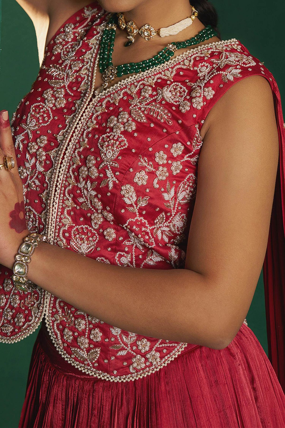 Shop Hirika &amp; Dhruti Red Moti Embroidered Fusion Lehenga Set For Kids Online at Aza Fashions