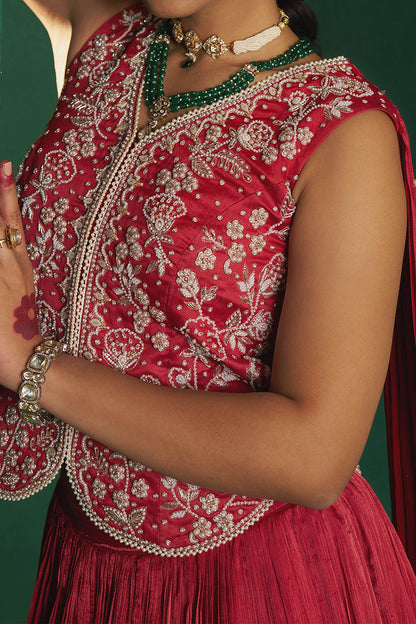 Shop Hirika &amp; Dhruti Red Moti Embroidered Fusion Lehenga Set For Kids Online at Aza Fashions