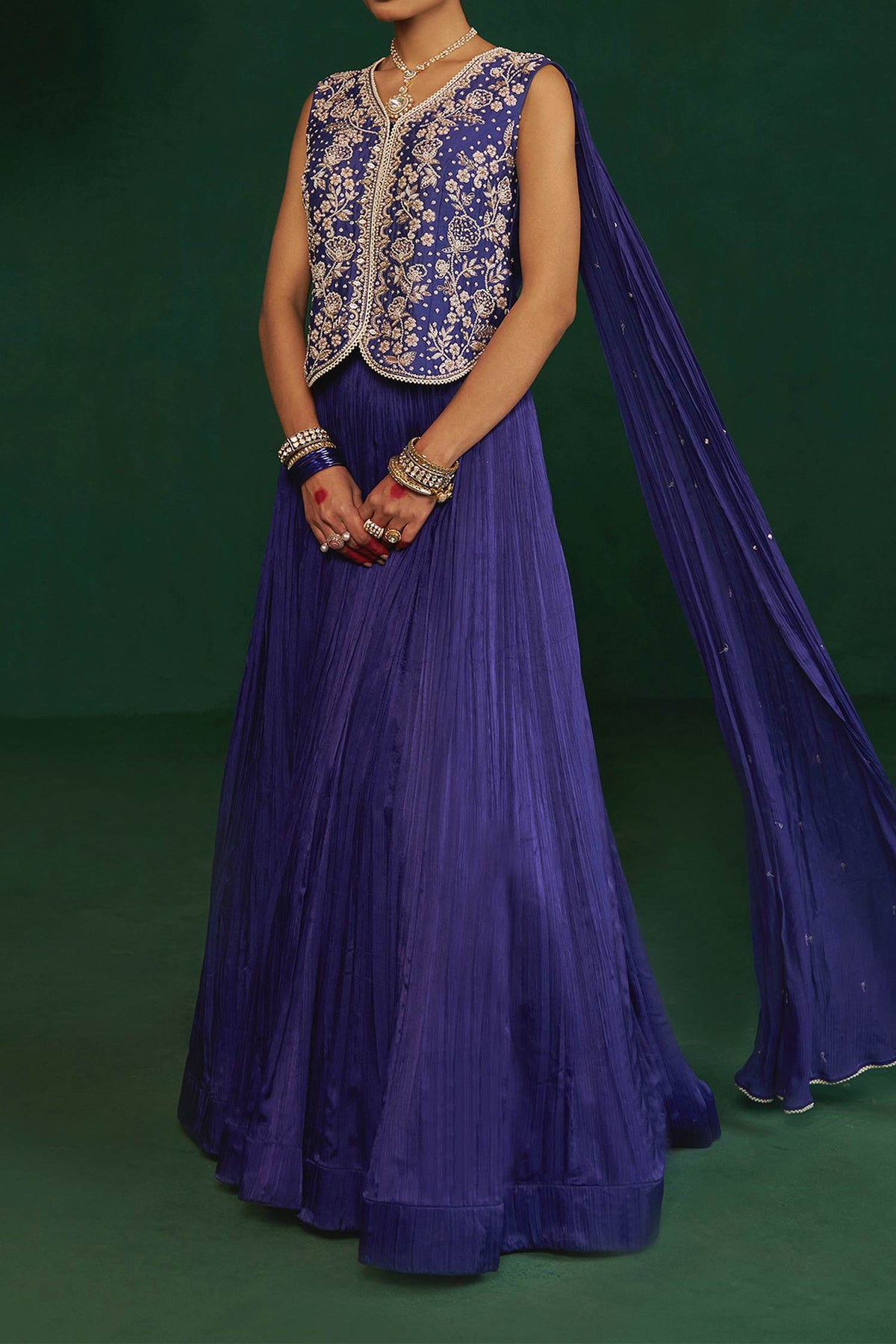 Hirika &amp; Dhruti Blue Moti Embroidered Fusion Lehenga Set For Kids