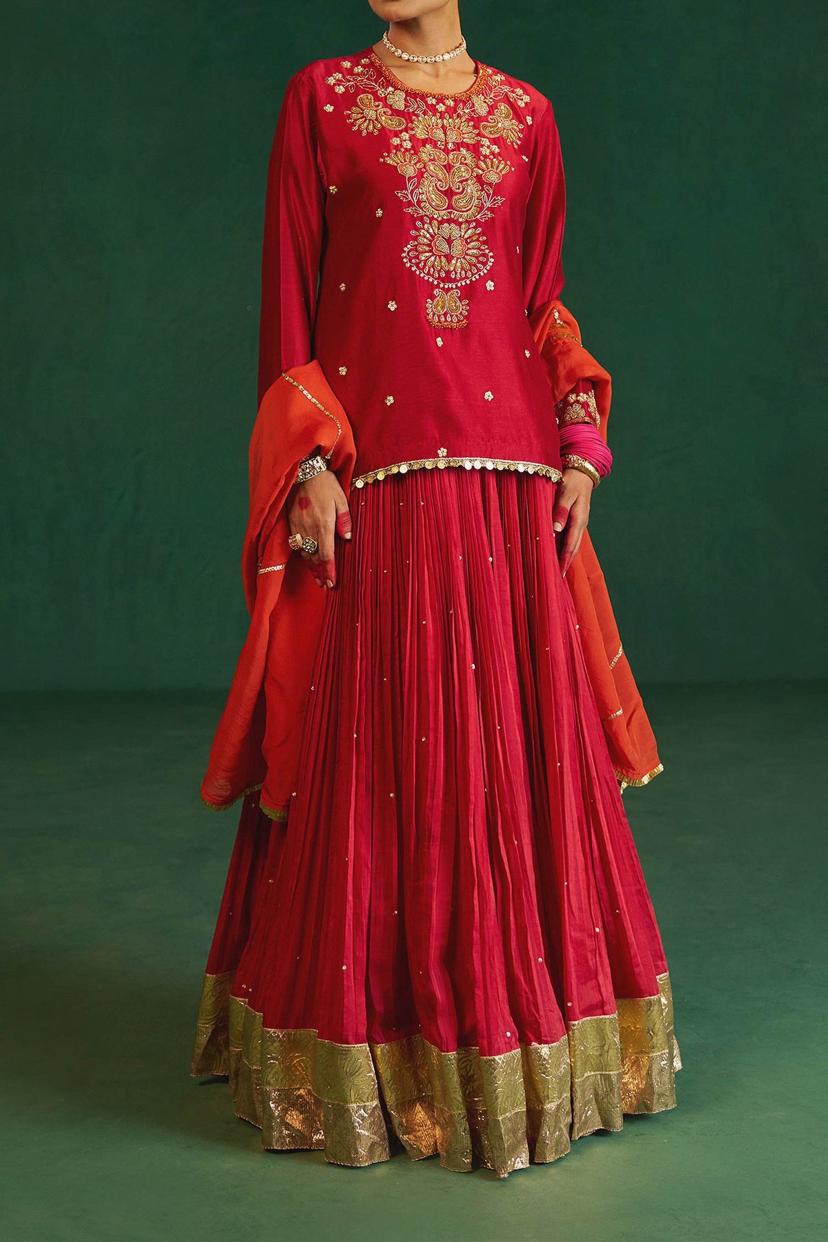 Hirika &amp; Dhruti Red Hand Embroidered Kurta Lehenga Set For Kids Online at Aza Fashions