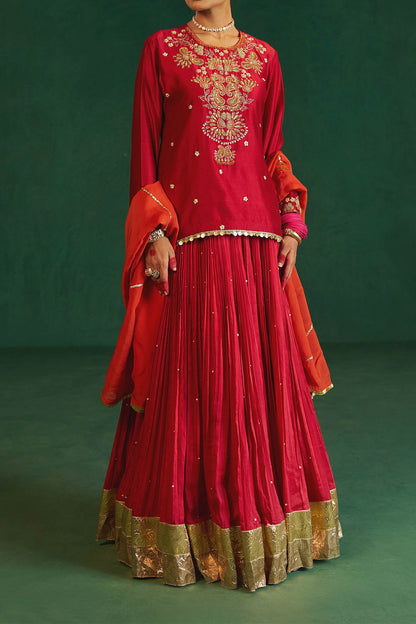 Hirika &amp; Dhruti Red Hand Embroidered Kurta Lehenga Set For Kids Online at Aza Fashions