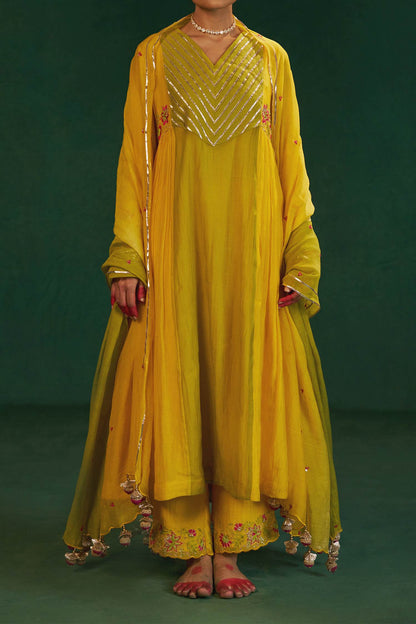 Hirika &amp; Dhruti Yellow Two Tone Hand Embroidered Kurta Pant Set For Kids