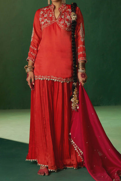 Hirika &amp; Dhruti Red Moti Embroidered Kurta Set With Sharara For Kids