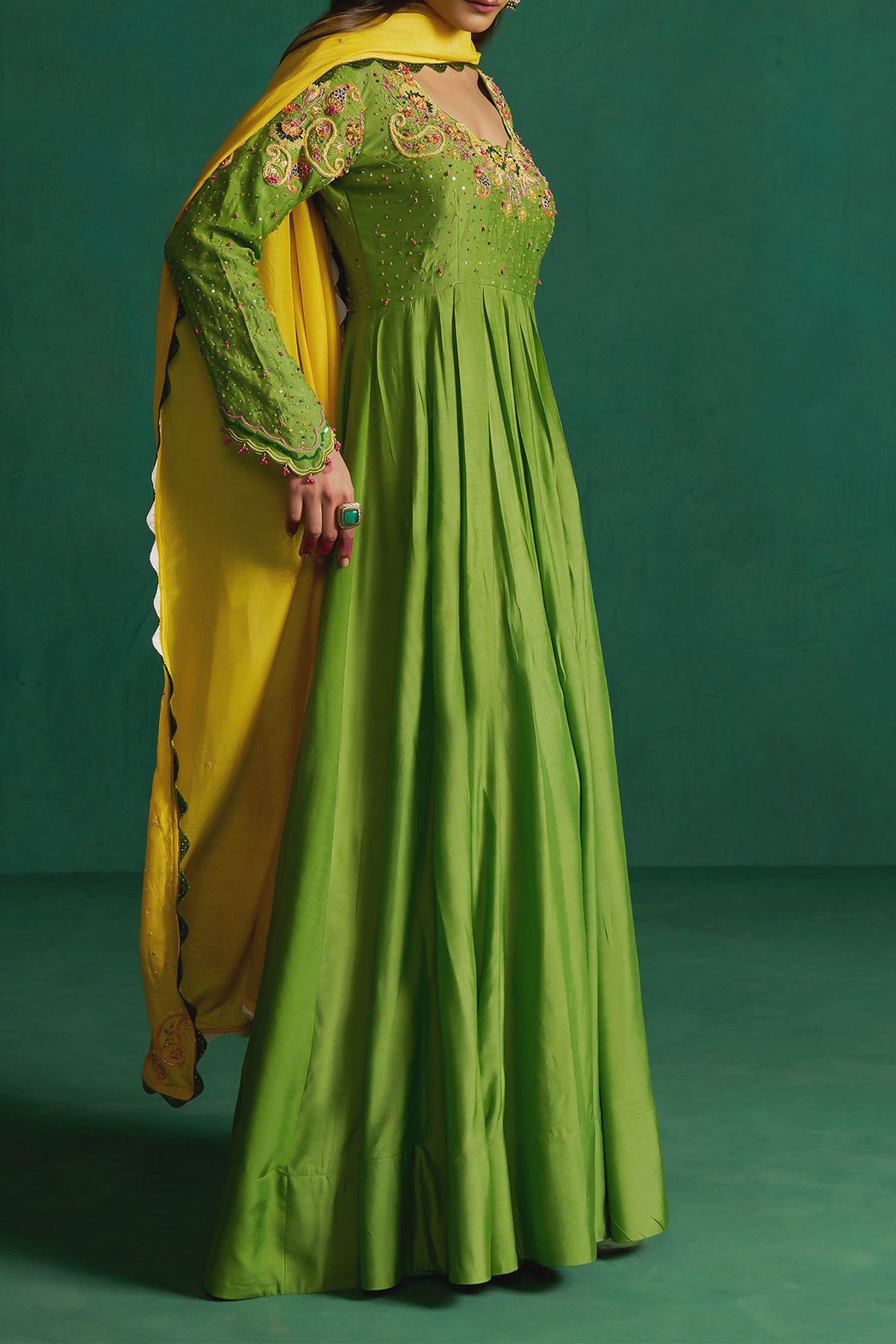 Hirika &amp; Dhruti Green Dark Hand Embroidered Anarkali Set For Kids