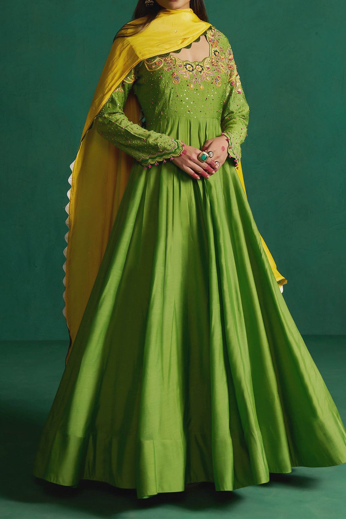 Hirika &amp; Dhruti Green Dark Hand Embroidered Anarkali Set For Kids