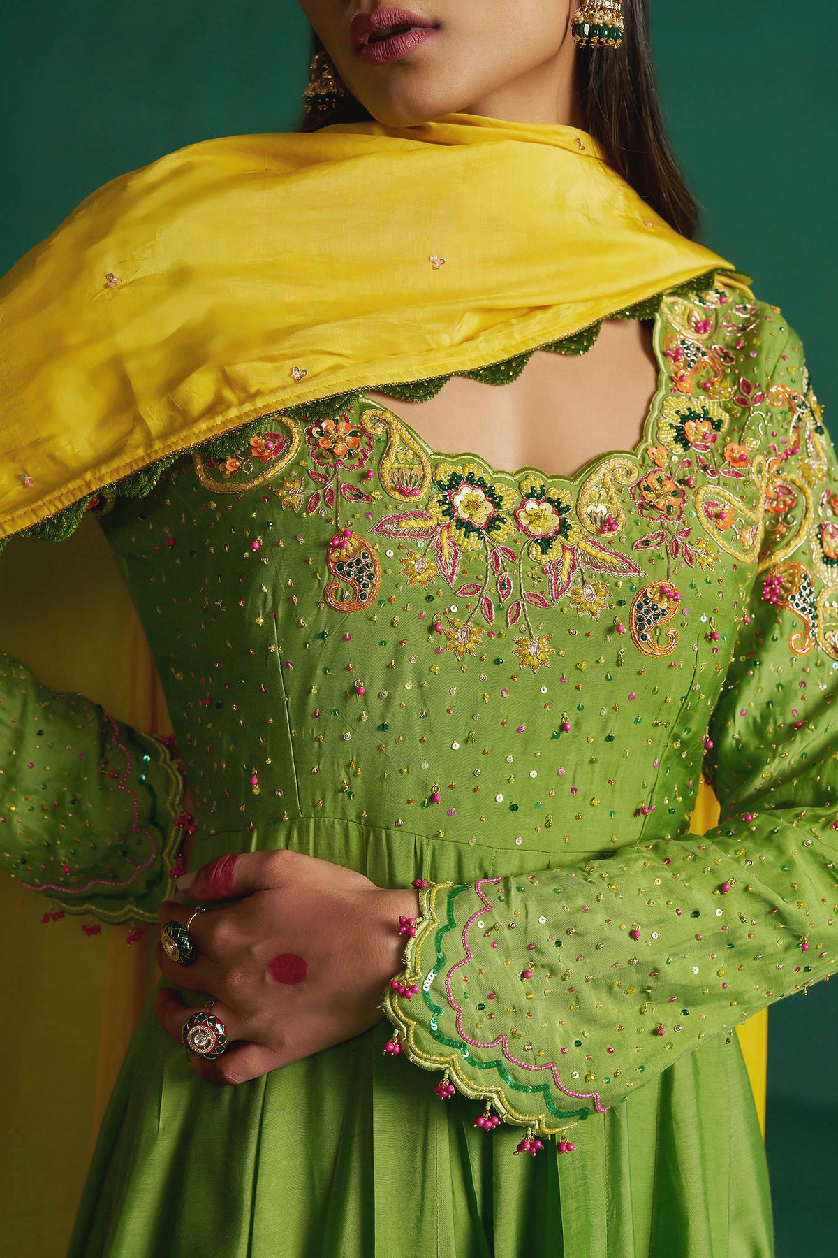 Hirika &amp; Dhruti Green Dark Hand Embroidered Anarkali Set For Kids