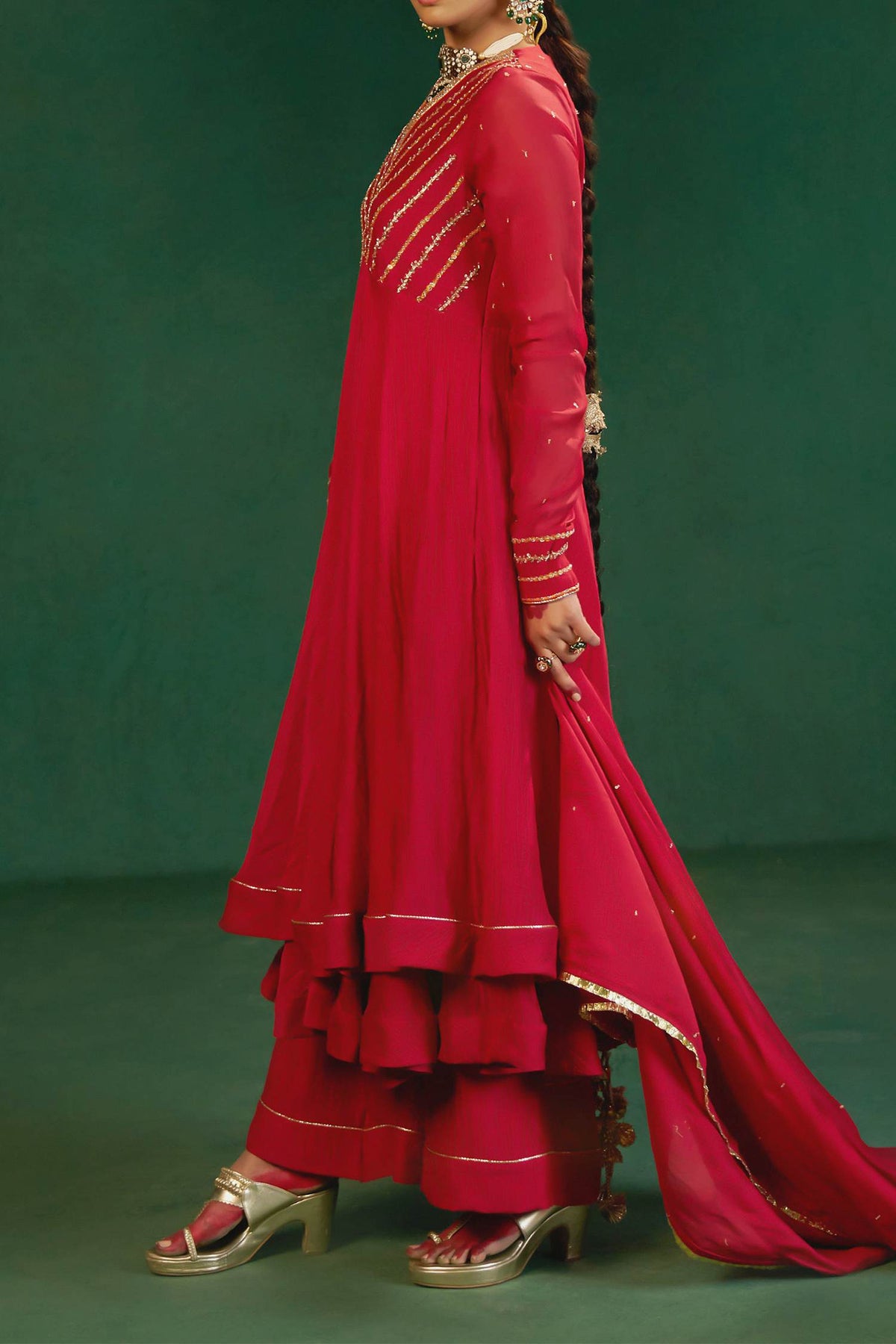 Hirika &amp; Dhruti Red Double Layer Anarkali Set For Kids at Aza Fashions