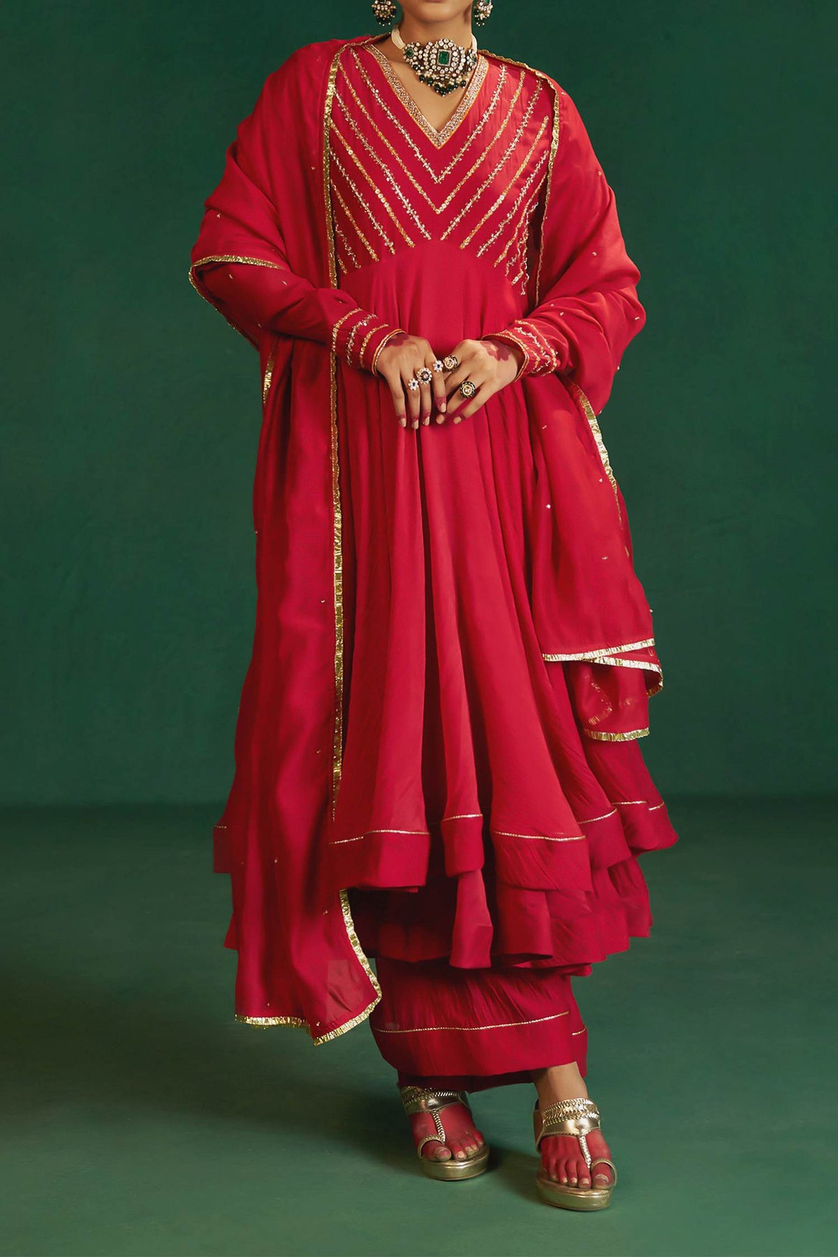 Hirika &amp; Dhruti Red Double Layer Anarkali Set For Kids Online at Aza Fashions