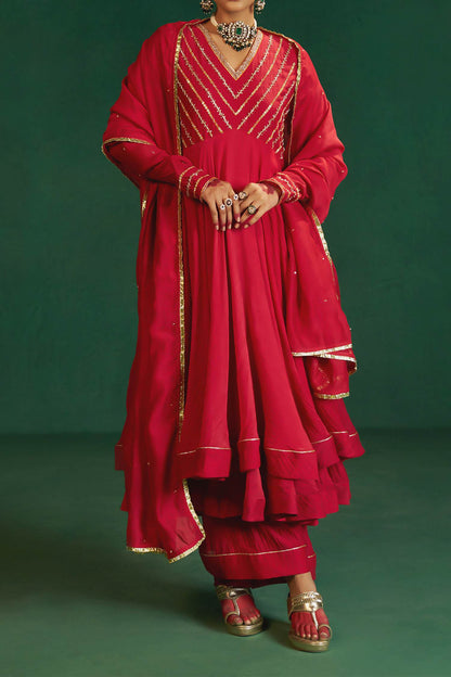 Hirika &amp; Dhruti Red Double Layer Anarkali Set For Kids Online at Aza Fashions