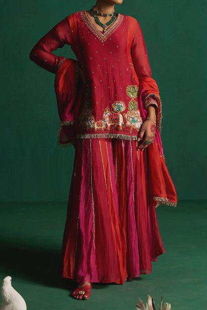 Shop Hirika &amp; Dhruti Red Two Tone Pichwai Patchwork Kurta Sharara Set For Kids Online at Aza Fashions