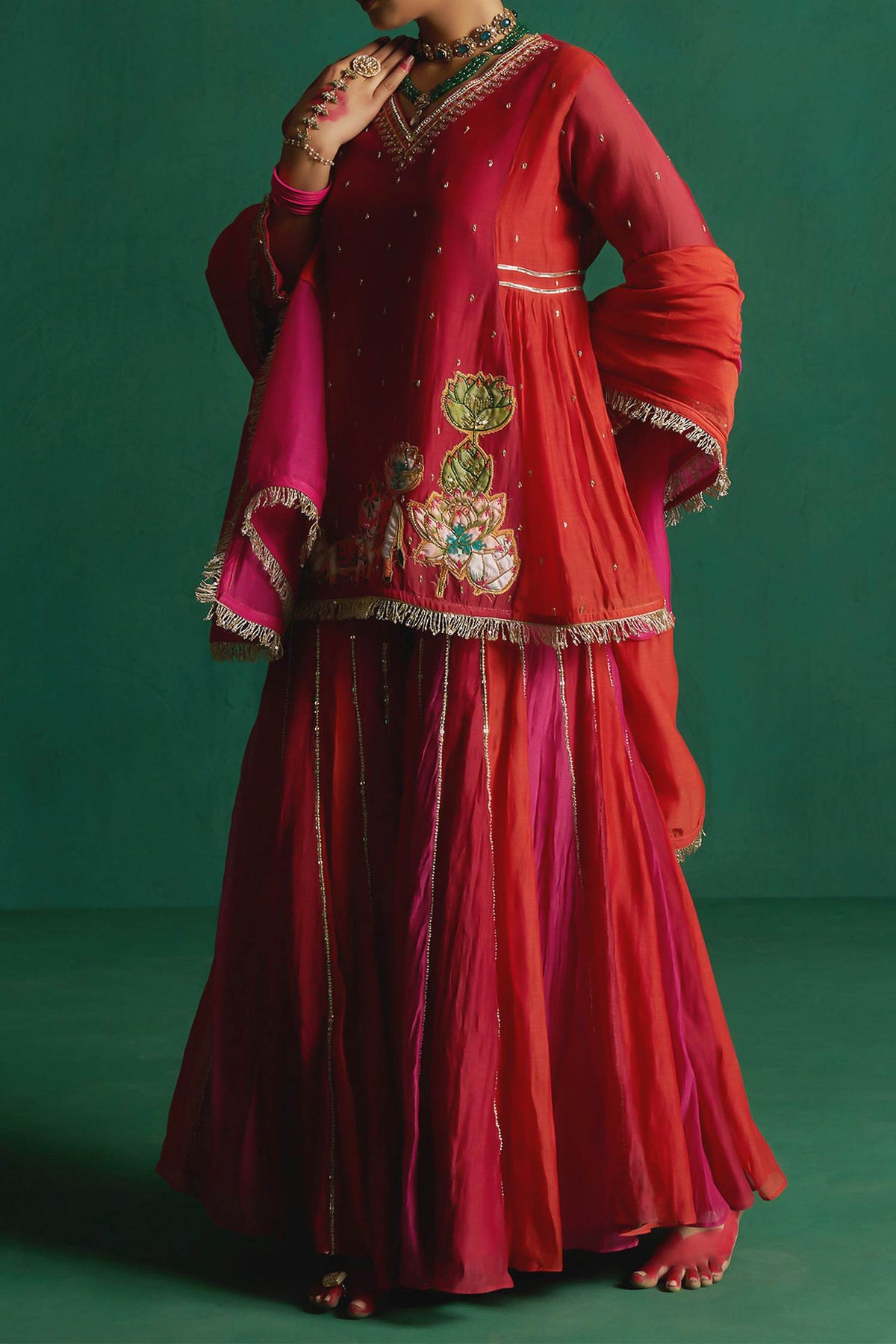 Buy Hirika &amp; Dhruti Red Two Tone Pichwai Patchwork Kurta Sharara Set For Kids